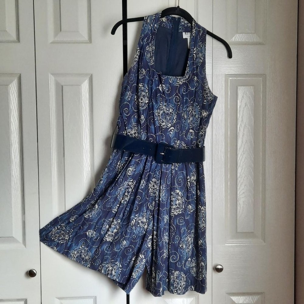 HP⭐ R.J. Stevens Petites Navy Blue Print Romper Sundress Size 8P